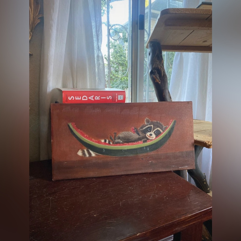 Vintage Raccoon Oil Painting Stretch Canvas 20x10 Signed Primitive Folk Art
